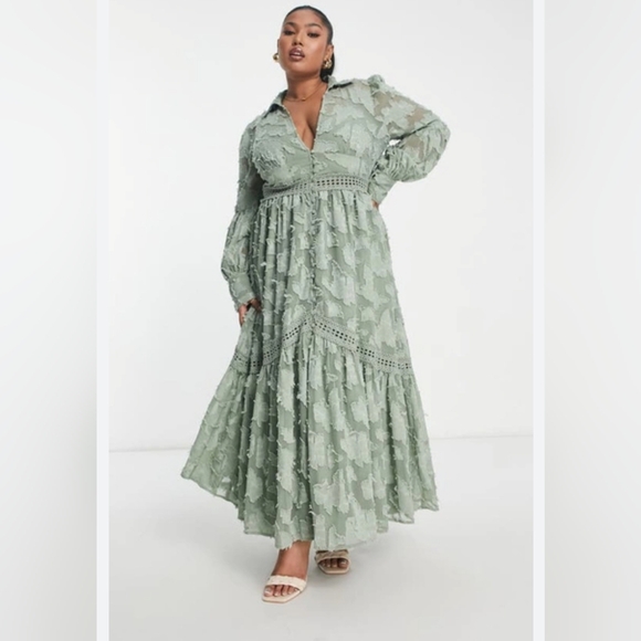 ASOS Curve Dresses & Skirts - Asos Design Curve Jacquard Long Sleeve Shirtdress in Khaki Women's Plus Size 18